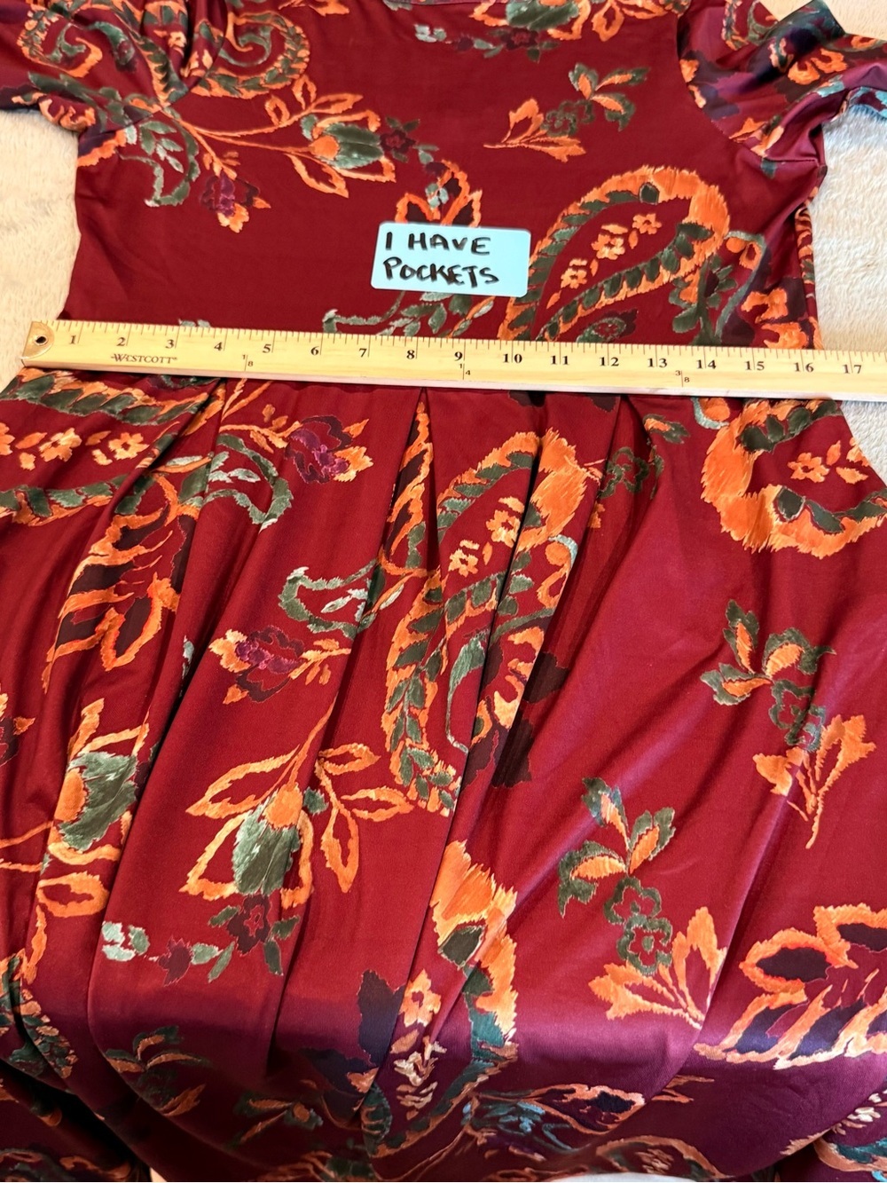 24seven Comfort Apparel Women’s Large Burgundy Paisley Long Sleeve Pocket Dress - Picture 5 of 12